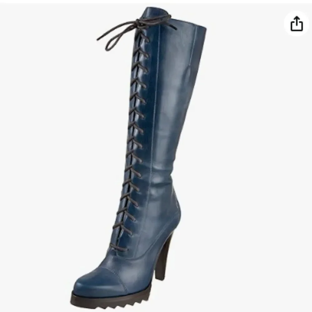 NEW Donald J Pliner Women's Blue Denim Oilskin Calf Lace Up Heel Boots Size 7